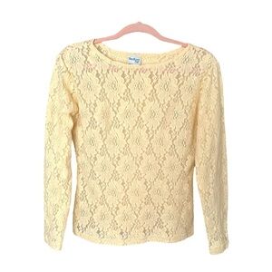 Vintage BEDFORD FAIR Sheer Pale Yellow Floral Lace  Top Feminine Coquette Medium